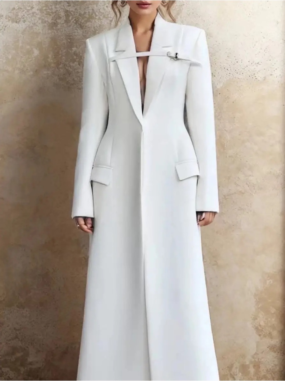Women's white Long Trench Coat with Buckle-Detail Collar - Picture 2 of 2
